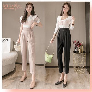 Quần baggy cạp cao công sở 3 cúc nữ bản to xếp ly có đai - Màu Đen Kem - Vải tuyết mưa dày - Mặc đi làm học sinh đi học
