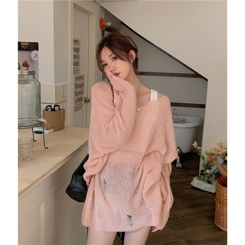 Áo dệt kim Xiaozhainv chống nắng dáng rộng hở vai phối rách kiểu cổ điển Hàn Quốc dễ phối đồ cho nữ