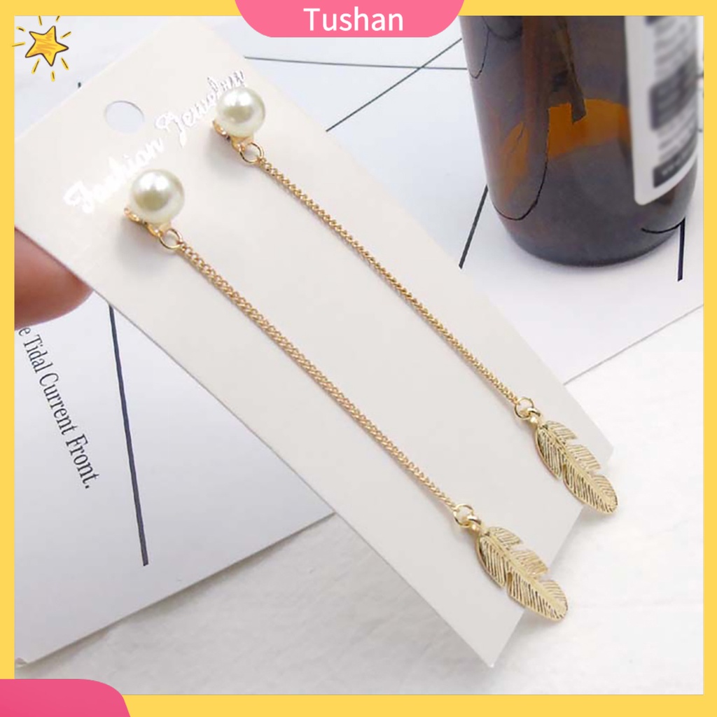 Bông tai lông vũ dáng dài đính ngọc trai giả sang trọng