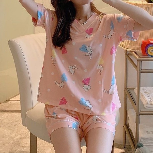 Bộ Đồ Ngủ Áo Tay Ngắn Cổ Chữ V Phối Quần Short Vải Cotton Mềm Mại Thoáng Khí Cỡ Lớn In Họa Tiết Hoạt Hình Phong Cách Hàn Quốc Thời Trang Mùa Hè Cho Nữ