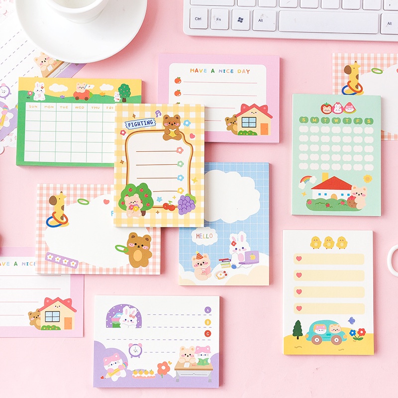 Set 50 tờ giấy note hình gấu tone pastel ghi chép bài học