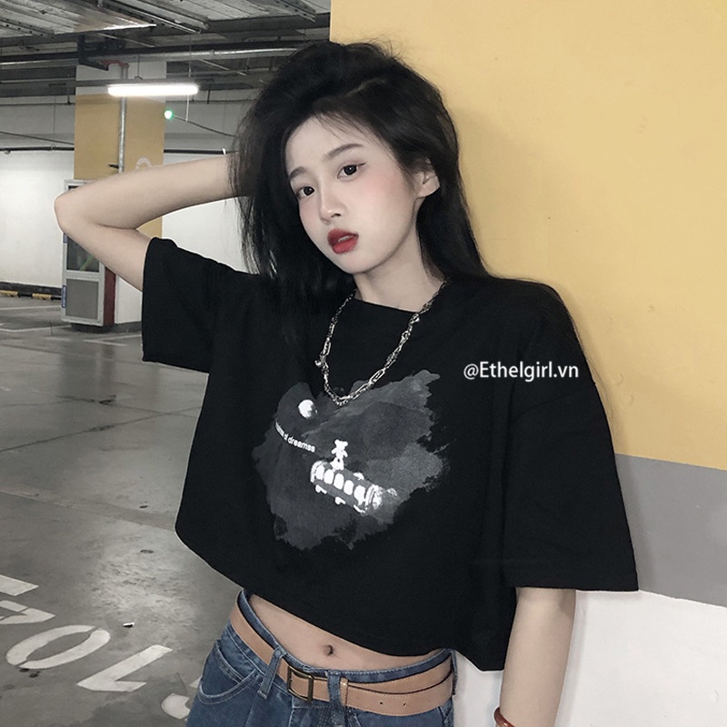 Áo Crop Top Tay Ngắn Dáng Rộng In Họa Tiết Phong Cách Retro Thời Trang Cho Nữ