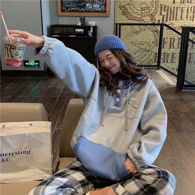 ÁO HOODIE PHỐI MÀU MŨ TÚI SUDFRUCHT - ÁO NỈ NGOẠI HOODIE CÚC CÀI TAY CHUN PHỒNG XANH XÁM | BigBuy360 - bigbuy360.vn