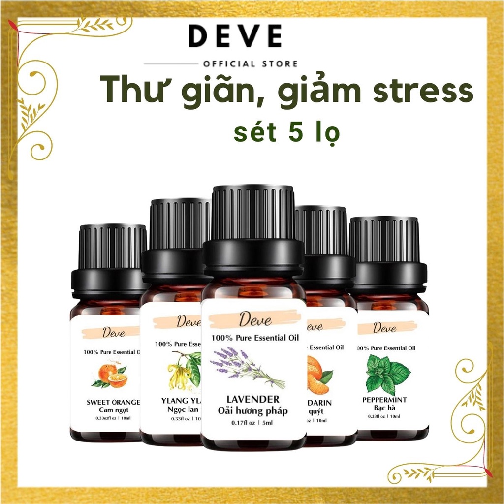 Tinh dầu thơm phòng thư giãn sảng khoái của Oải hương Ngọc lan tây Bạc hà Cam ngọt Vỏ quýt DEVE sét 5 lọ 5ml 10ml