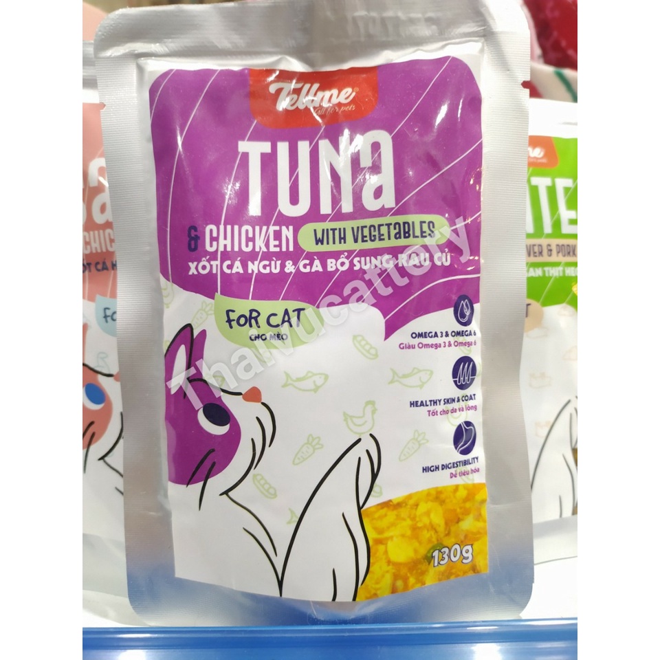 Pate cho mèo,Thức ăn ướt tellme làm từ thịt rau củ bổ sung chất xơ 130g dành cho mèo - Thaivucattery