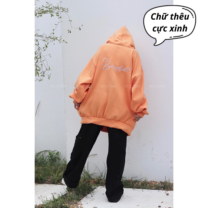 Áo khoác nỉ hoodie màu cam nhẹ thêu chữ cực bền form rộng tay bồng unisex Rô Store AK32