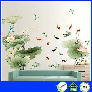 (FREESHIP) Decal trang trí tường Sen xanh và cá chép hóa rồng - decalhcm
