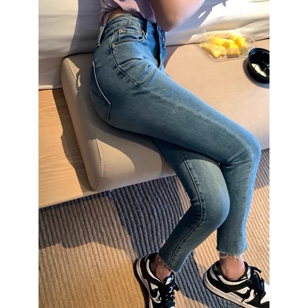 Quần jean ôm nữ màu xanh đá bụi, quần bò nữ was lưng cao quảng châu hack chân