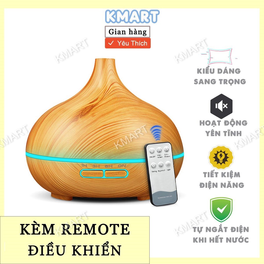 Máy Xông Tinh Dầu Chóp Dài Vân Gỗ Cao Cấp 550ml Tích Hợp Remote Điều Khiển