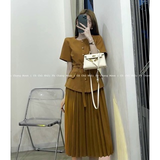 SET ÁO NÚT BELT NÂU CHÂN VÁY MIDI DẬP LI