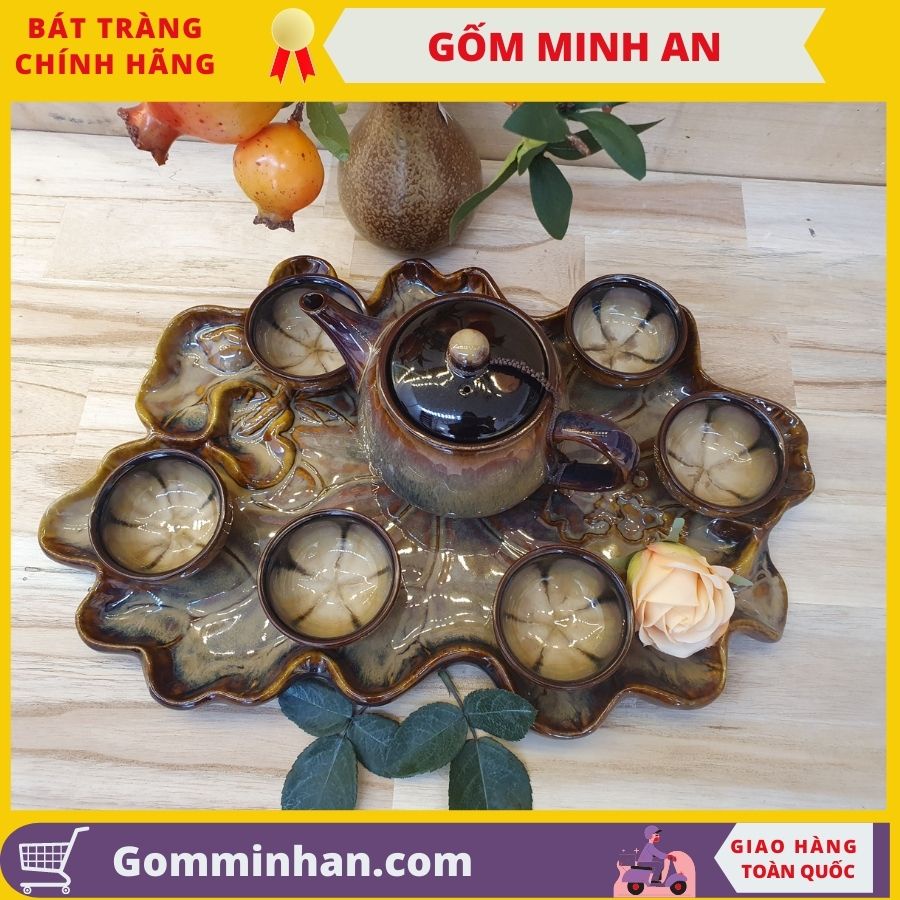 Bộ Ấm Trà Sứ Màu Gấm Bộ Ấm Chén Sứ Màu Gấm Có Khay Lá Sen- Gốm Sứ Bát Tràng- Gốm Minh AN