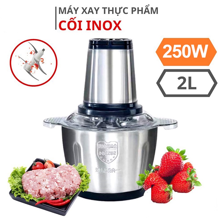 Máy Xay Thực Phẩm Đa Năng 4 Lưỡi Thép Không Gỉ, Máy Xay Thịt Cối INOX 304 Dung Tích 2L, Công Suất 250W Bảo Hành 12 Tháng