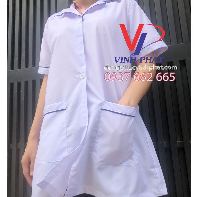 Áo Blouse Trắng Có Viền Xanh Nữ Bo Tròn Cổ - Áo Blu Trắng Điều Dưỡng, Y Tá, Dược Sỹ, Y Sỹ, Thẩm Mỹ Viện, Spa Nhà Thuốc