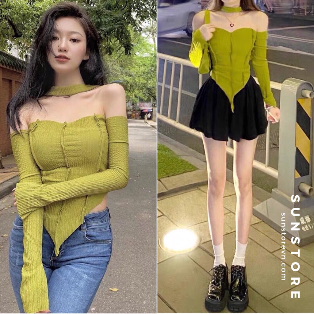 Áo kiểu nữ ôm body tay dài cổ trễ vai màu xanh Ulzzang