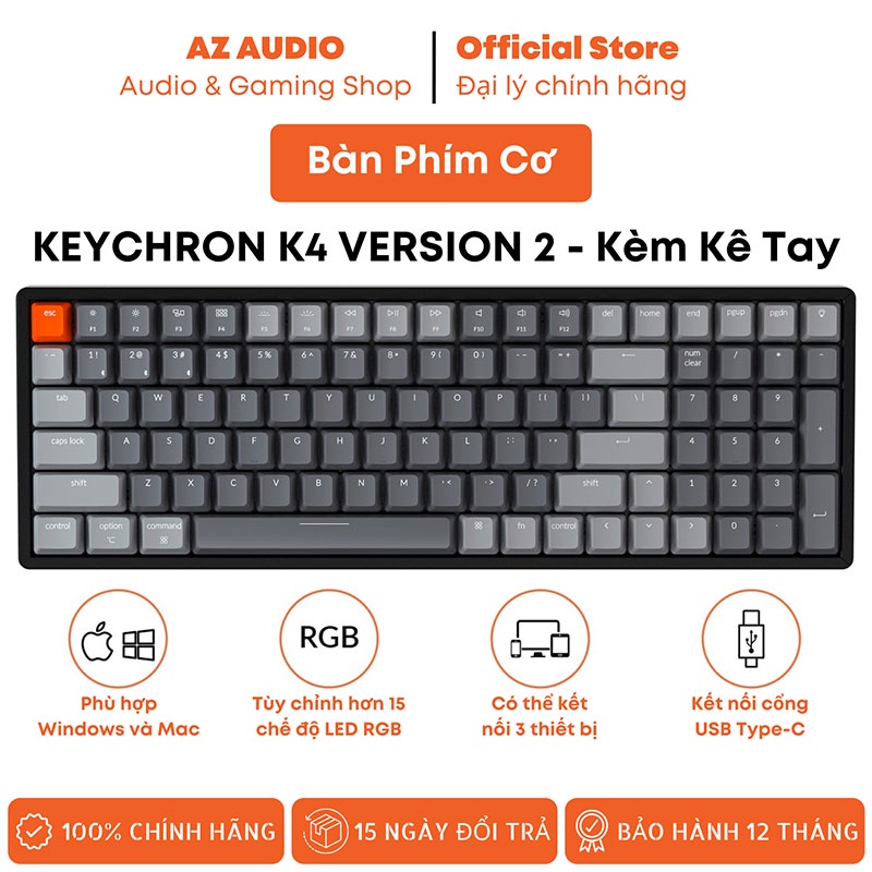 Bàn Phím Cơ RGB Không Dây Bluetooth Vỏ Nhôm Hotswap, Bàn Phím Cơ Văn Phòng Keychron K4 V2