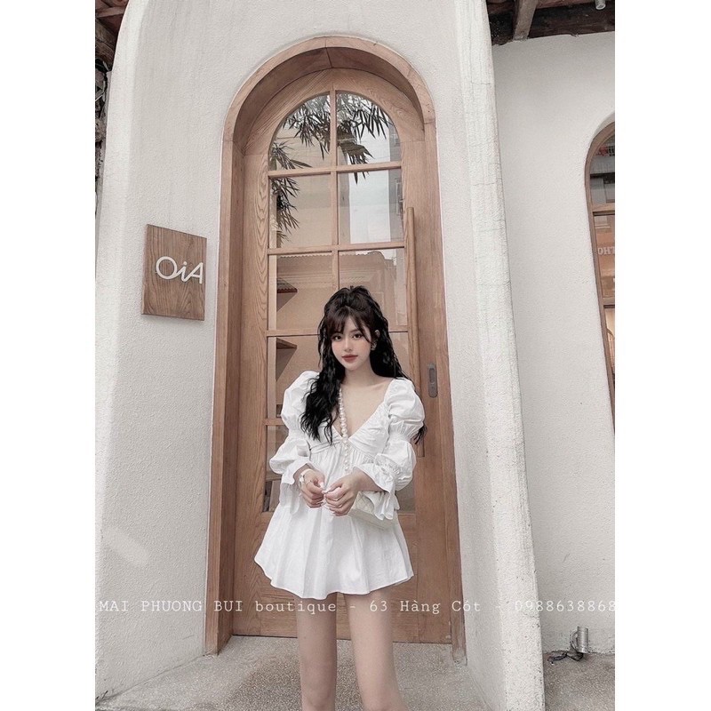 Váy sơ mi tay bồng cổ V tiểu thư cá tính | BigBuy360 - bigbuy360.vn