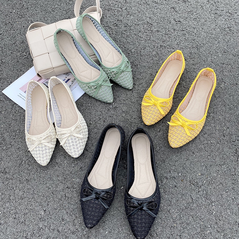 Giày búp bê mũi nhọn đế chống trượt đính nơ thời trang Hàn Quốc cho nữ