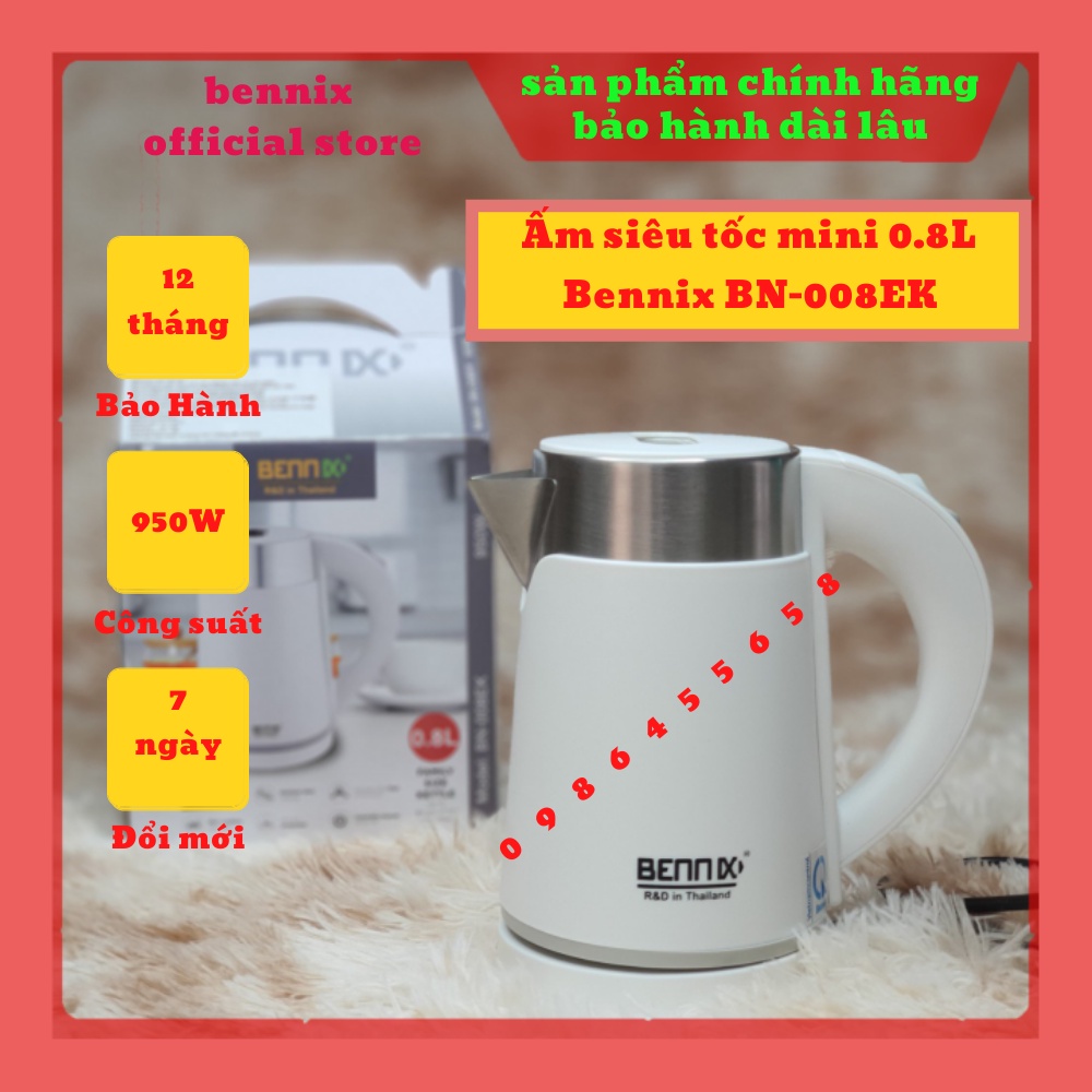 Ấm siêu tốc mini Thái Lan Bennix BN-008EK 0.8 Lít, ấm du lịch, văn phòng, bình đun siêu tốc, ấm đun nước nhanh