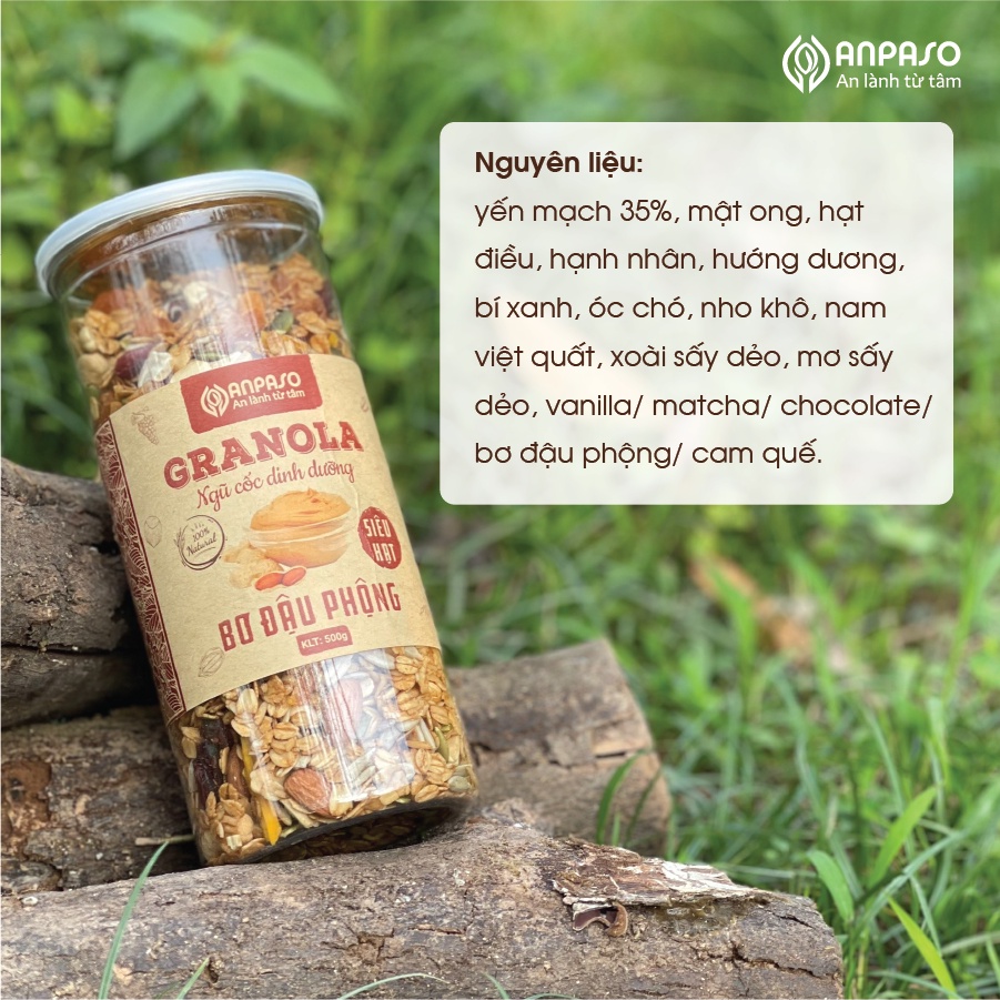 Granola Vị Bơ Đậu Phộng Siêu Hạt Anpaso Ăn Kiêng, Giảm Cân bổ sung dinh dưỡng, giữ vóc dáng, tốt cho tim mạch 500g