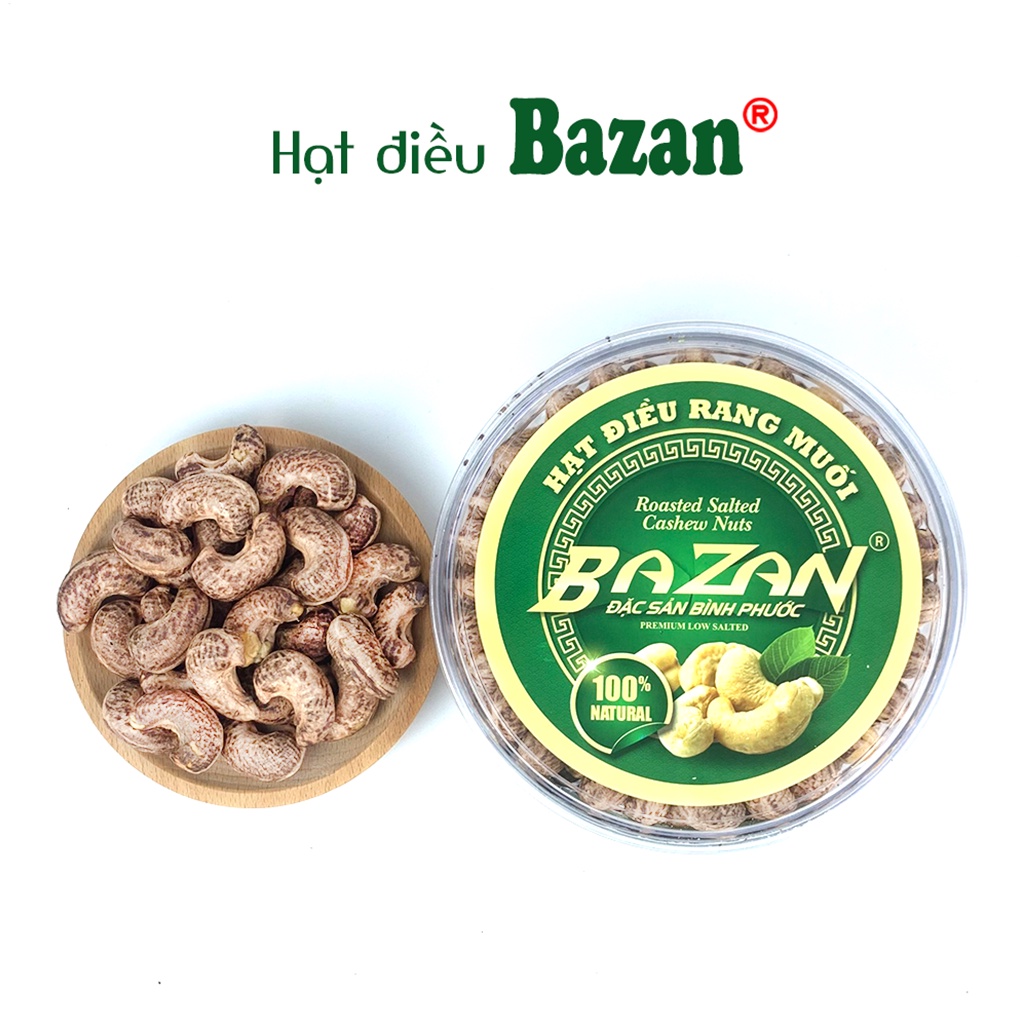 Hạt điều rang muối Bazan Bình Phước nguyên hạt dinh dưỡng A+ loại 1 hộp tròn 500g xếp hoa | BigBuy360 - bigbuy360.vn