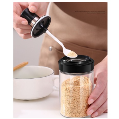 Hũ đựng gia vị thủy tinh đẹp, lọ đựng gia vị hộp tròn nhà bếp kèm thìa tiện lợi 2021