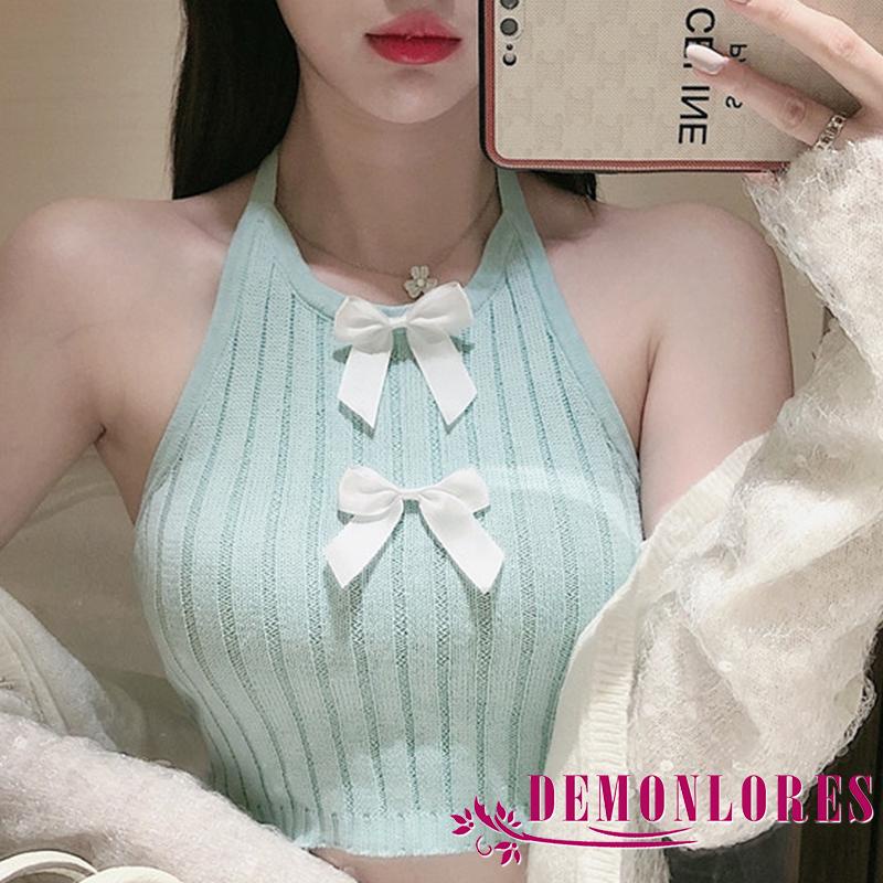 Áo Croptop Dệt Kim Không Tay Hở Lưng Thắt Nơ Thời Trang Mùa Hè Cho Nữ