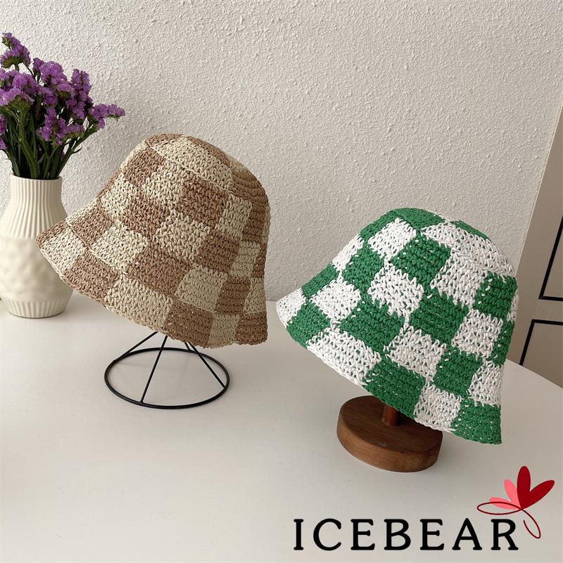 ICE-Women Bucket Hat Plaid Pattern Woven Style Hollow-Out Fisherman Hats Ladies Sweet Beach Head Wear