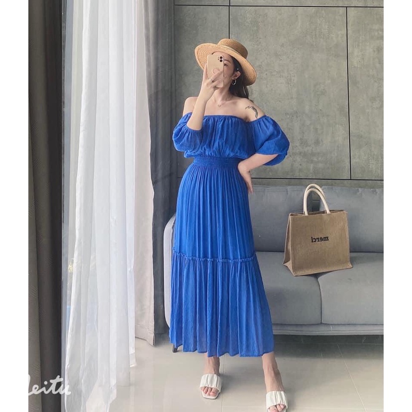 Đầm maxi cổ vuông màu xanh tay bồng chun eo dáng dài - V10