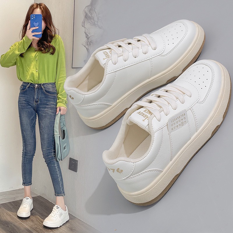 Giày thể thao nữ Ulzzang bánh mì kem đế nâu Giầy sneaker độn đế mũi tròn kiểu dáng basic dễ phối đồ