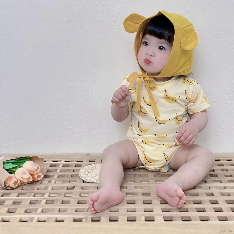 Bộ áo liền quần in hình quả chuối có mũ dễ thương thời trang mùa hè cho bé