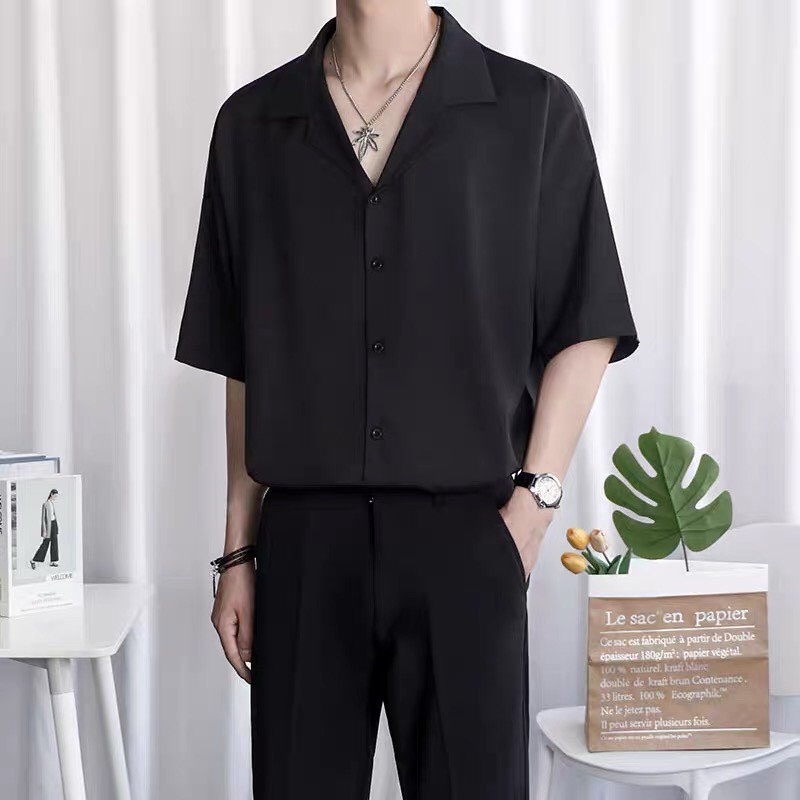 [Hàng VNXK-Ảnh thật] Áo sơ mi ngắn tay nam nữ cổ vest form rộng vải cotton lụa trơn mát đang hot bán chạy hiện nay