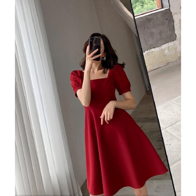 Váy Trắng Cổ Vuông Tay Phồng Phong Cách Pháp Cổ Điển Thời Trang Váy Nữ