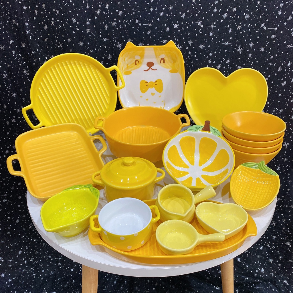 Bát đĩa gốm sứ decor trang trí đồ ăn sét chanh vàng 17 món cực kỳ đẹp