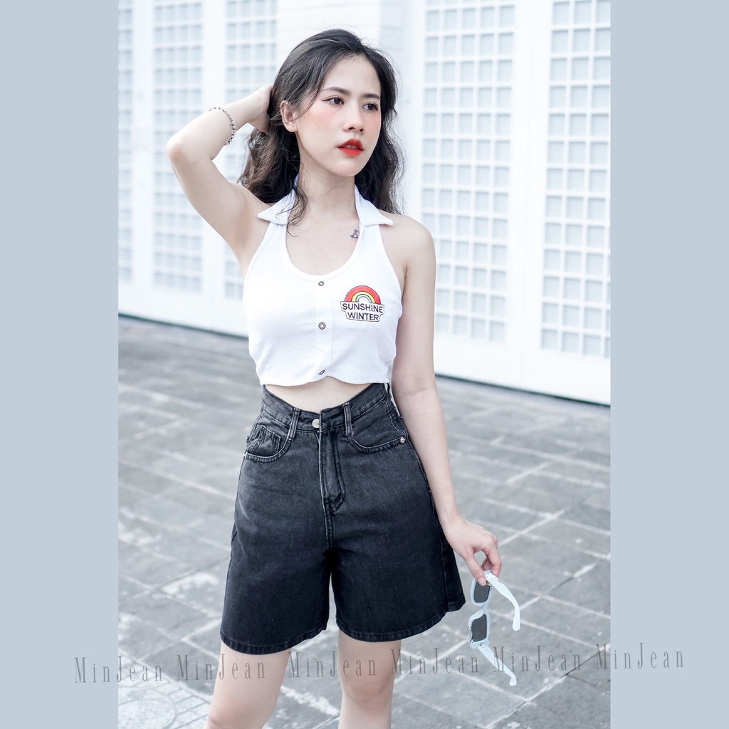 Quần Ngố Jean Nữ Lưng Cao Ombre MinJean M062 Tôn Dáng, Quần Lửng Nữ Loang Màu Lai Cuốn Vải Jean Không Co Giãn