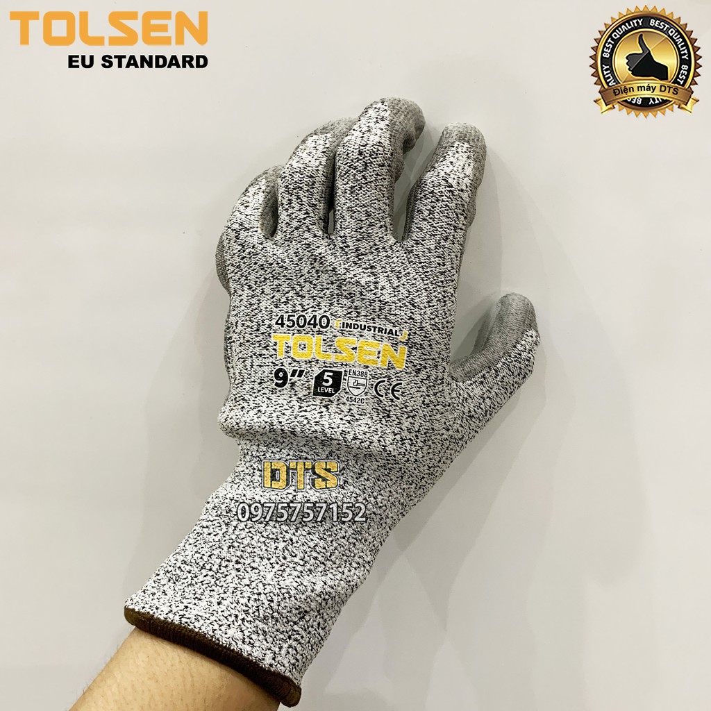 Găng tay chống cắt cấp độ 5 TOLSEN phủ PU, găng tay bảo hộ chống đâm xuyên, mài mòn, xé rách theo tiêu chuẩn EN388 4543