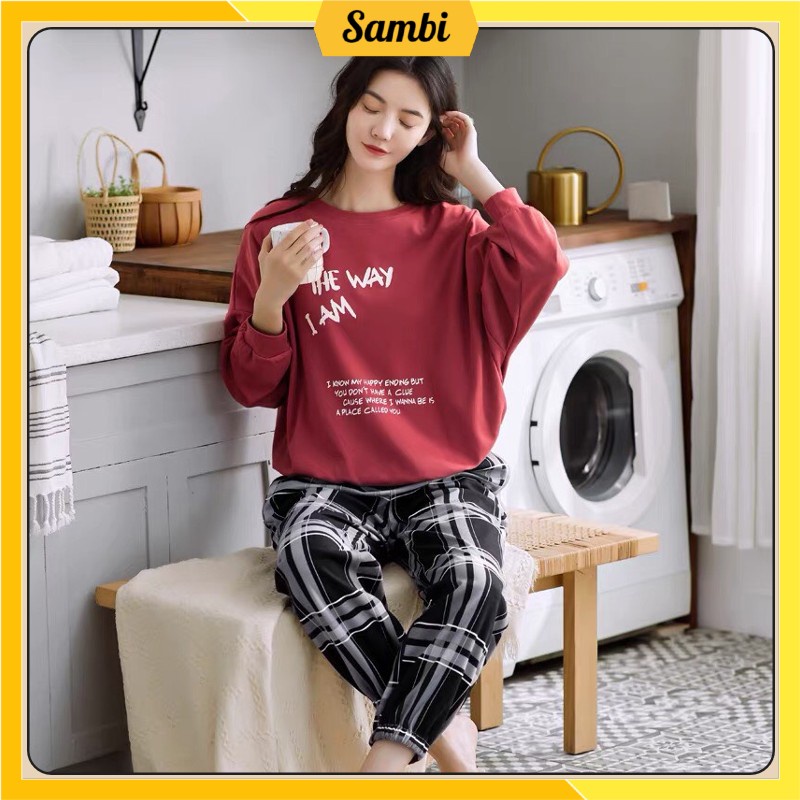 Bộ đồ thu đông nữ Sambi bộ mặc nhà dài tay quần kẻ họa tiết dễ thương cao cấp | BigBuy360 - bigbuy360.vn
