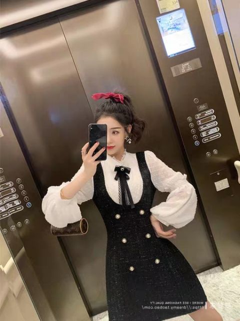 VÁY DẠ TWEET CỔ NƠ, TAY BỒNG