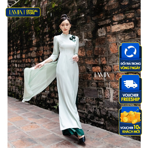 Áo dài truyền thống Lamia Design AD078 lụa gấm đính hoa màu ngọc lục bảo
