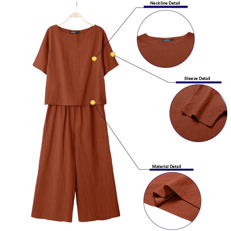 Set đồ Zanzea gồm áo thun ngắn tay cổ tròn kèm quần short lưng thun thời trang cho nữ