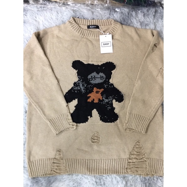 [HÀNG OD]Áo len Sweater Cổ Tròn Dáng Rộng Phối Rách In Hình Gấu Kiểu Hàn Quốc Cá Tính kèm ảnh thât | BigBuy360 - bigbuy360.vn