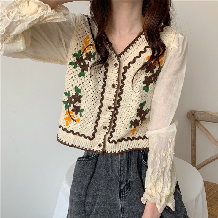 [ORDER] Áo Croptop Vintage, Áo len Hoa, Phong cách Retro, Hàn quốc Ulzzang,dài tay họa tiết hoa văn,