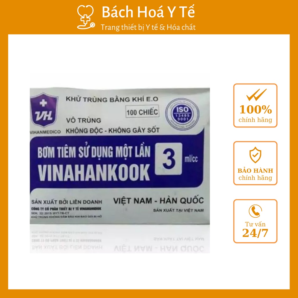 Bơm tiêm dùng 1 lần 3ml, Vinahancook, Vô trùng - Không độc - không gây sốt