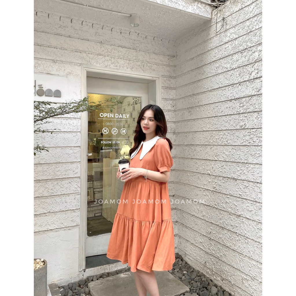 Váy đầm bầu đũi siêu mát phối cổ cách điệu dáng xòe thoải mái phù hợp đi chơi du lịch đi làm Joamom V213