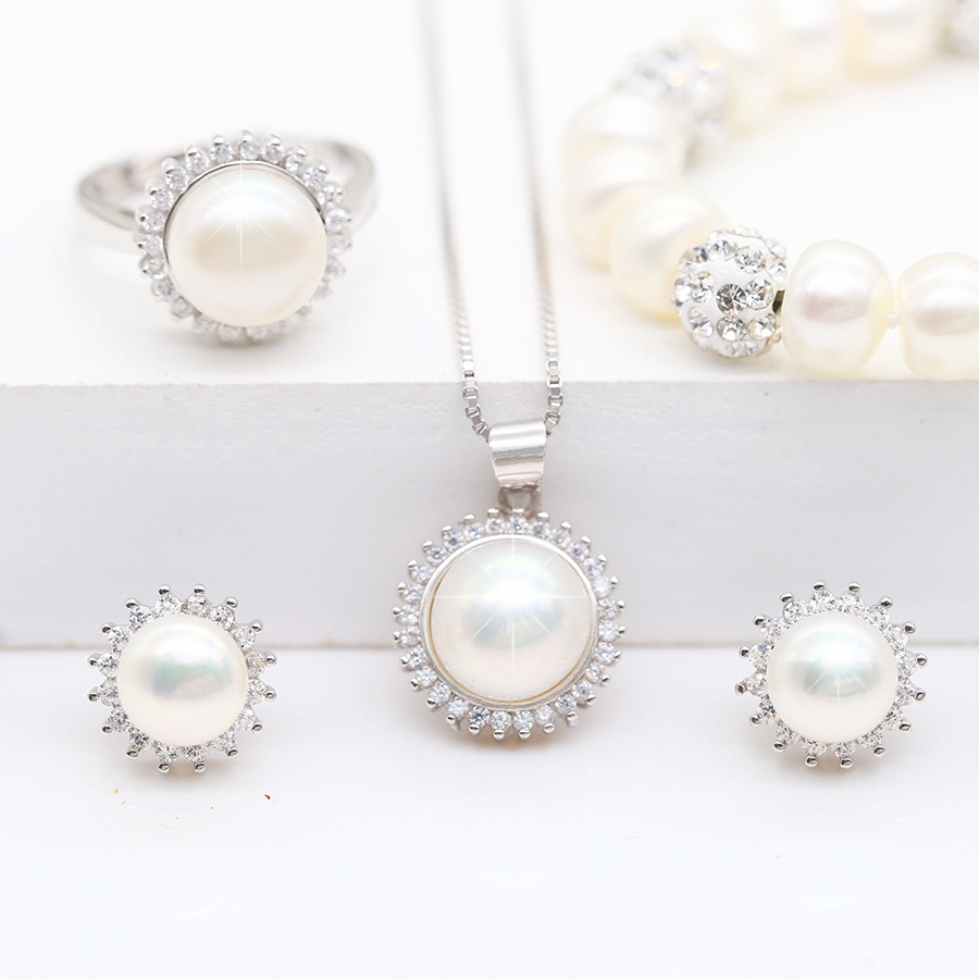 Bộ trang sức ngọc trai thật nuôi nước ngọt khảm bạc s925 đính đá zircon thiết kế cổ điển sang trọng T3 Bảo ngọc Jewelry