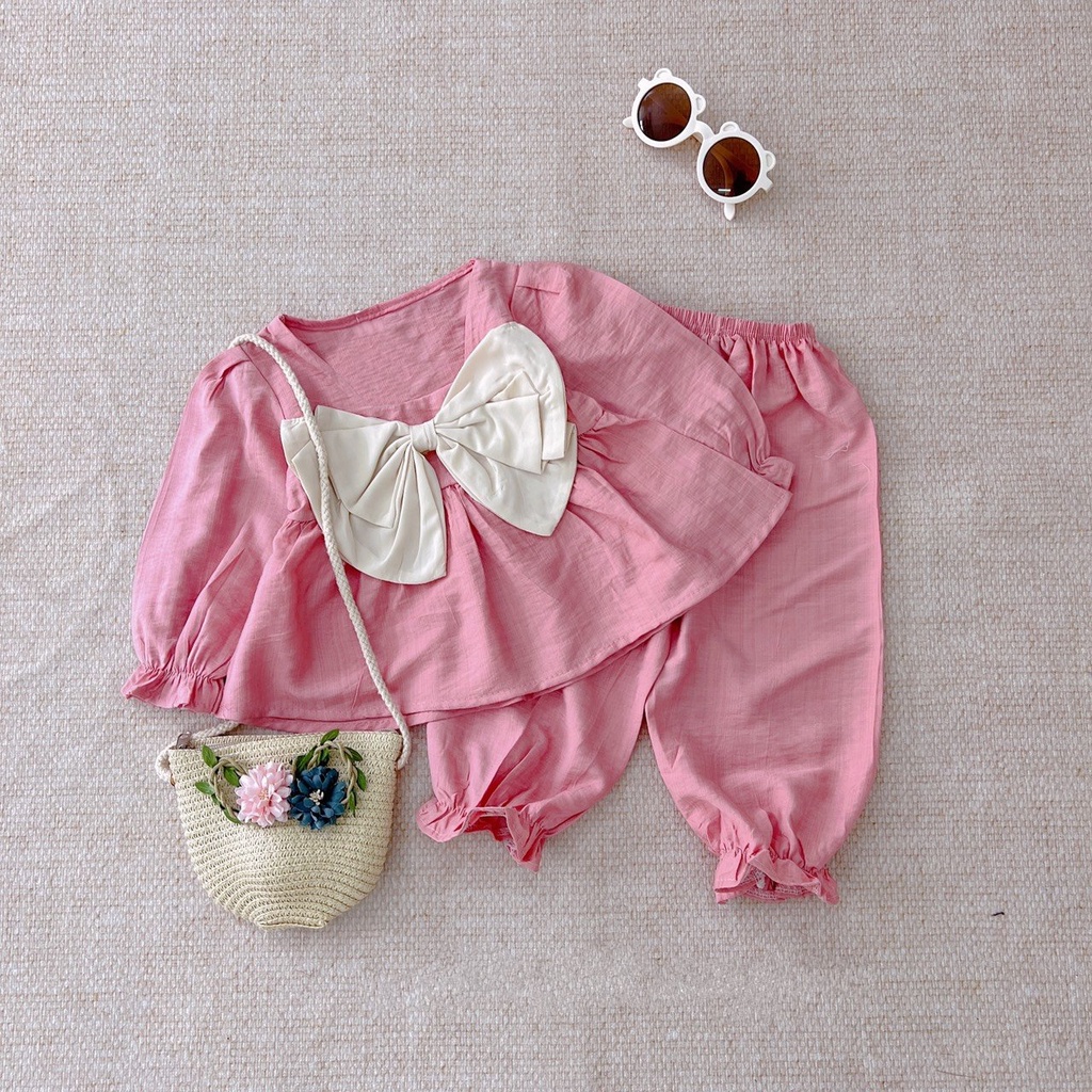 (10-20kg) Đồ bộ dài tay trẻ em TTR122 - Bộ quần áo đính nơ sang chảnh bé gái