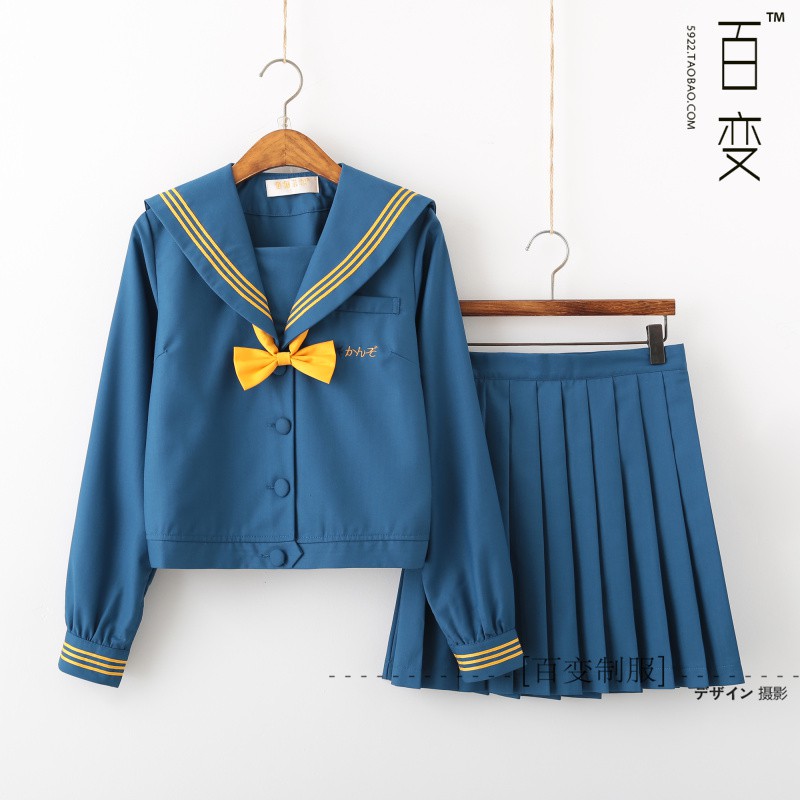 Seifuku/ Set váy đồng phục học sinh Nhật Bản: áo cổ thủy thủ kẻ sọc vàng thắt nơ + chân váy xòe xếp ly