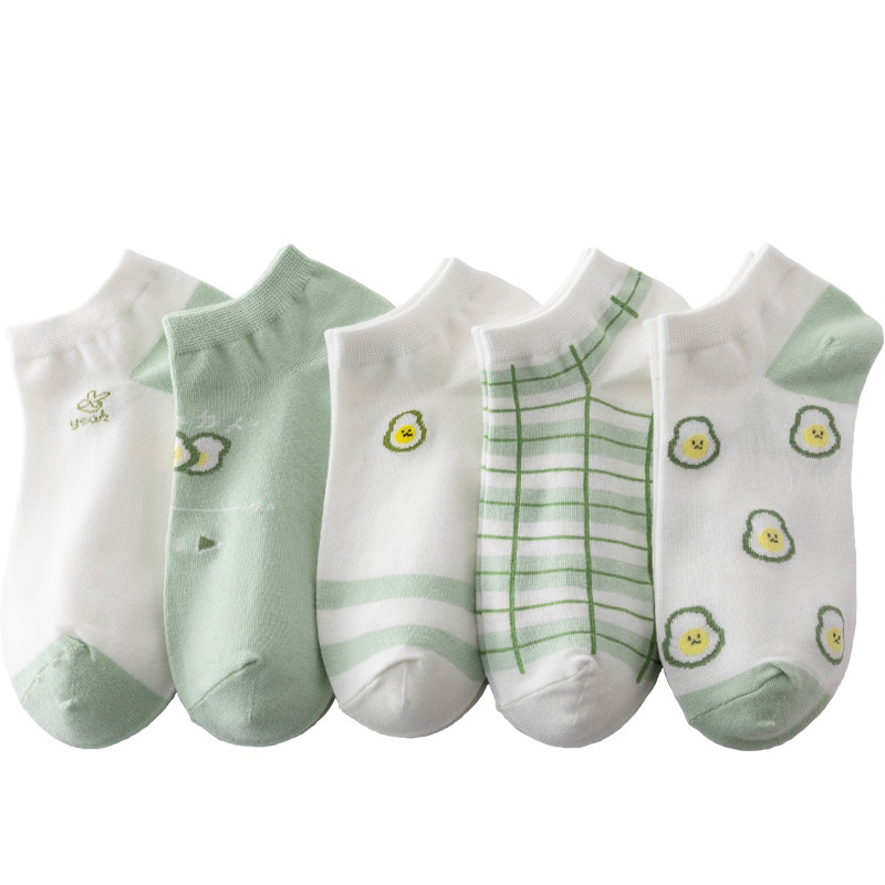 Combo 5 đôi tất vớ nữ cổ thấp cotton hoạ tiết trái bơ xanh lá cây cute
