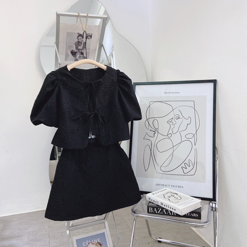 SET ÁO GẤM HOA NỔI CỘT DÂY THẮT NƠ + CHÂN VÁY