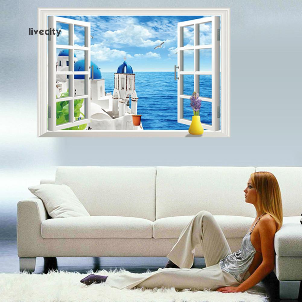Giấy dán tường 3D 60cm x 90cm hình cửa sổ cảnh biển độc đáo