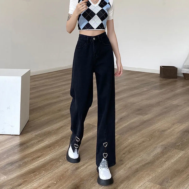 SUXI Quần Jeans Nữ Lưng Cao Ống Rộng Thời Trang Hàn Quốc Cá Tính